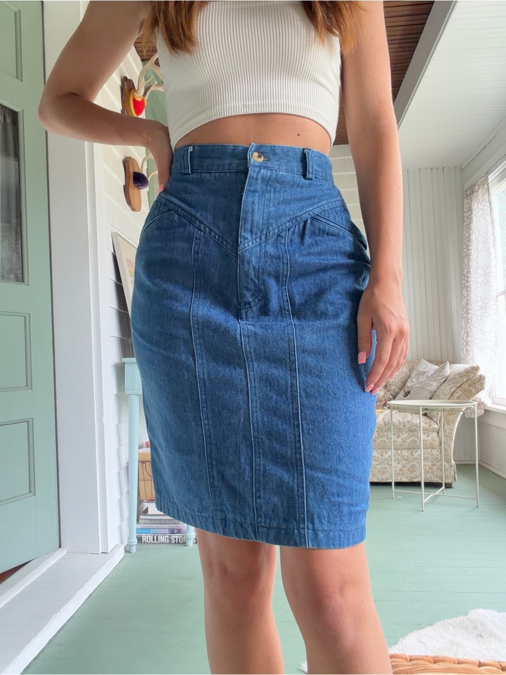 Vintage Blue High-Waist Denim Pencil Skirt